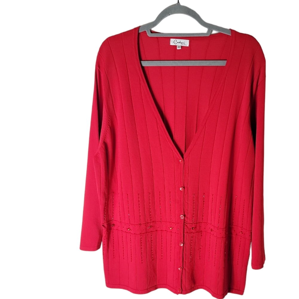 Carducci red plus size 3X beaded v neck button front cardigan sweater